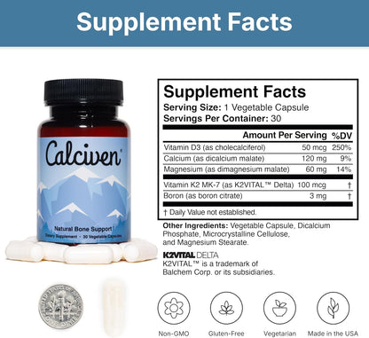 Calciven Natural Bone Support Supplement, Vegetarian, Gluten-Free 30 Vegetable Capsules Nutreance