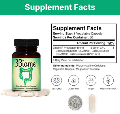 3Biome Natural Probiotic Supplement for Gut Health, Vegan, Gluten-Free 30 Vegetable Capsules Nutreance