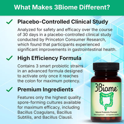 3Biome Natural Probiotic Supplement for Gut Health, Vegan, Gluten-Free 30 Vegetable Capsules Nutreance