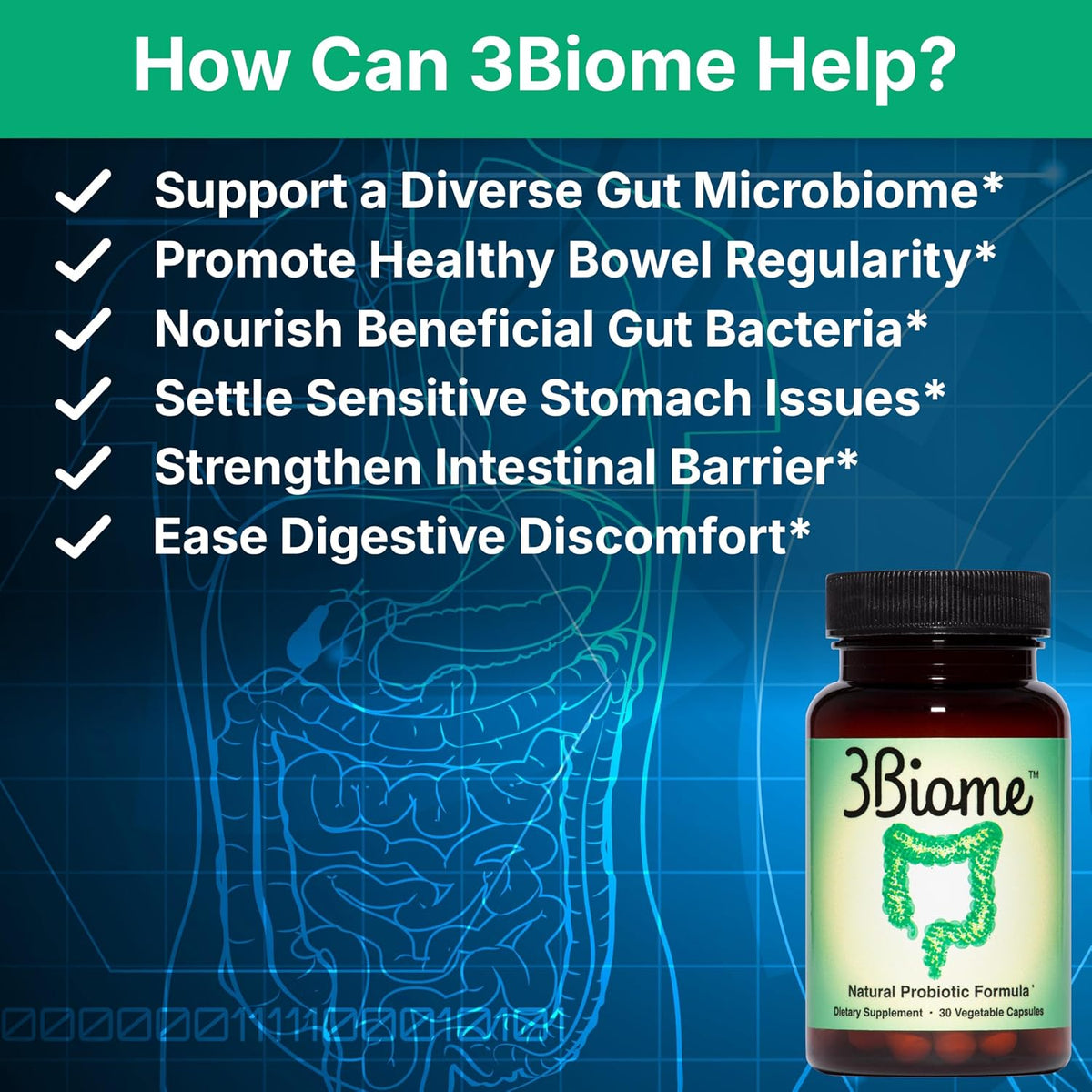 3Biome Natural Probiotic Supplement for Gut Health, Vegan, Gluten-Free 30 Vegetable Capsules Nutreance