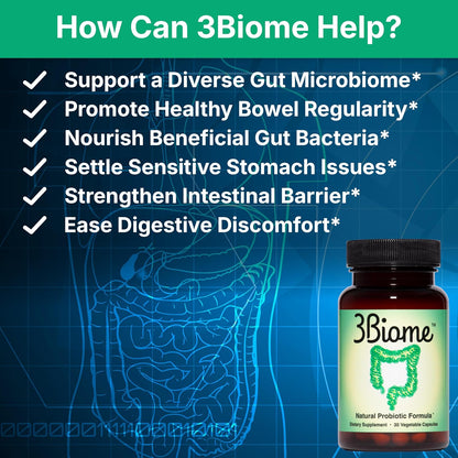 3Biome Natural Probiotic Supplement for Gut Health, Vegan, Gluten-Free 30 Vegetable Capsules Nutreance